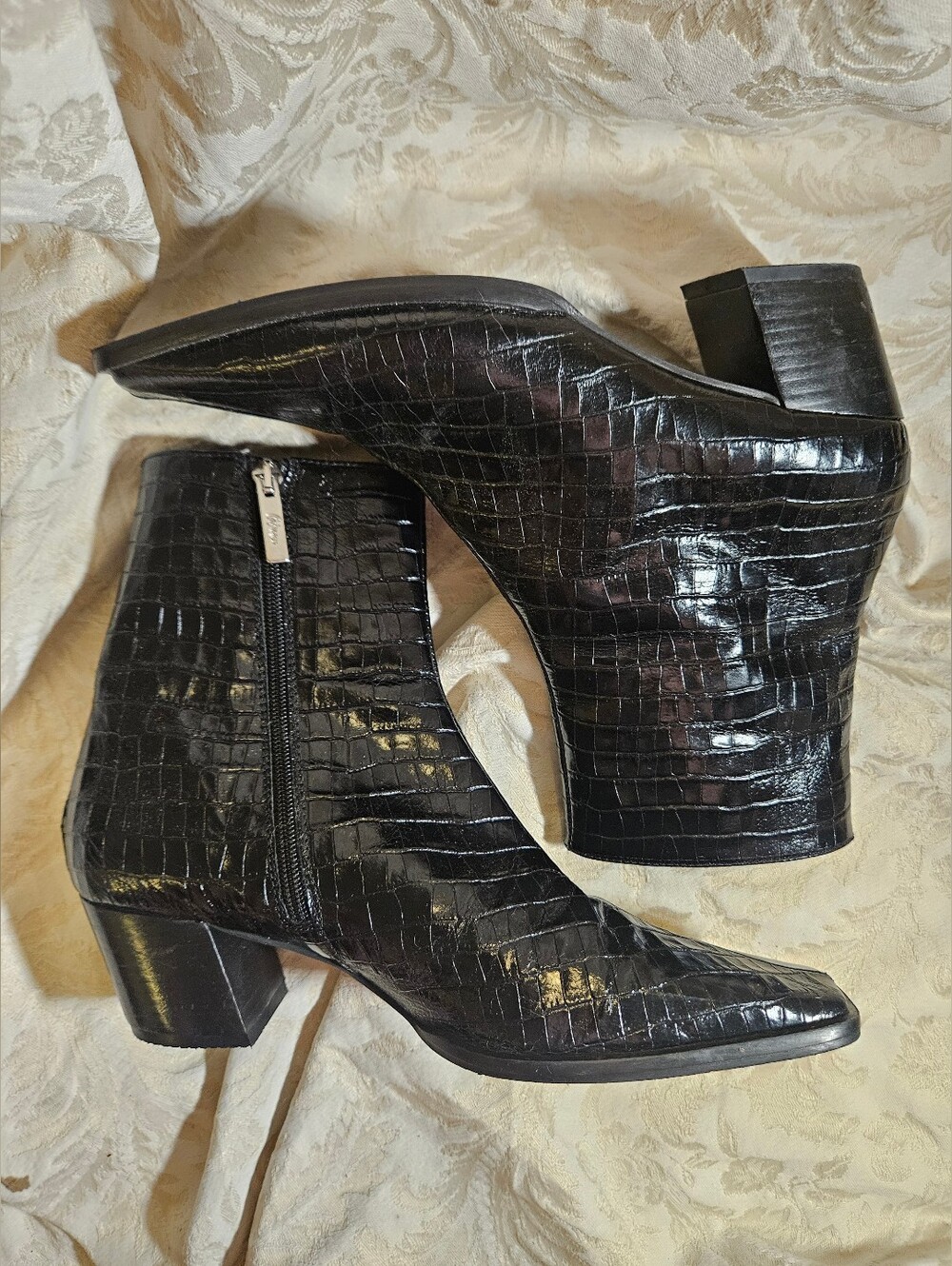 Castener Black Leather Womens Boots Size 39, Made In Spain. Crocodile Embossed.